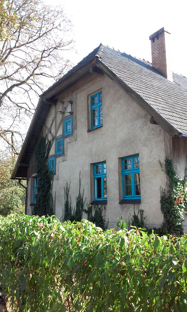dom z niebieskimi oknami